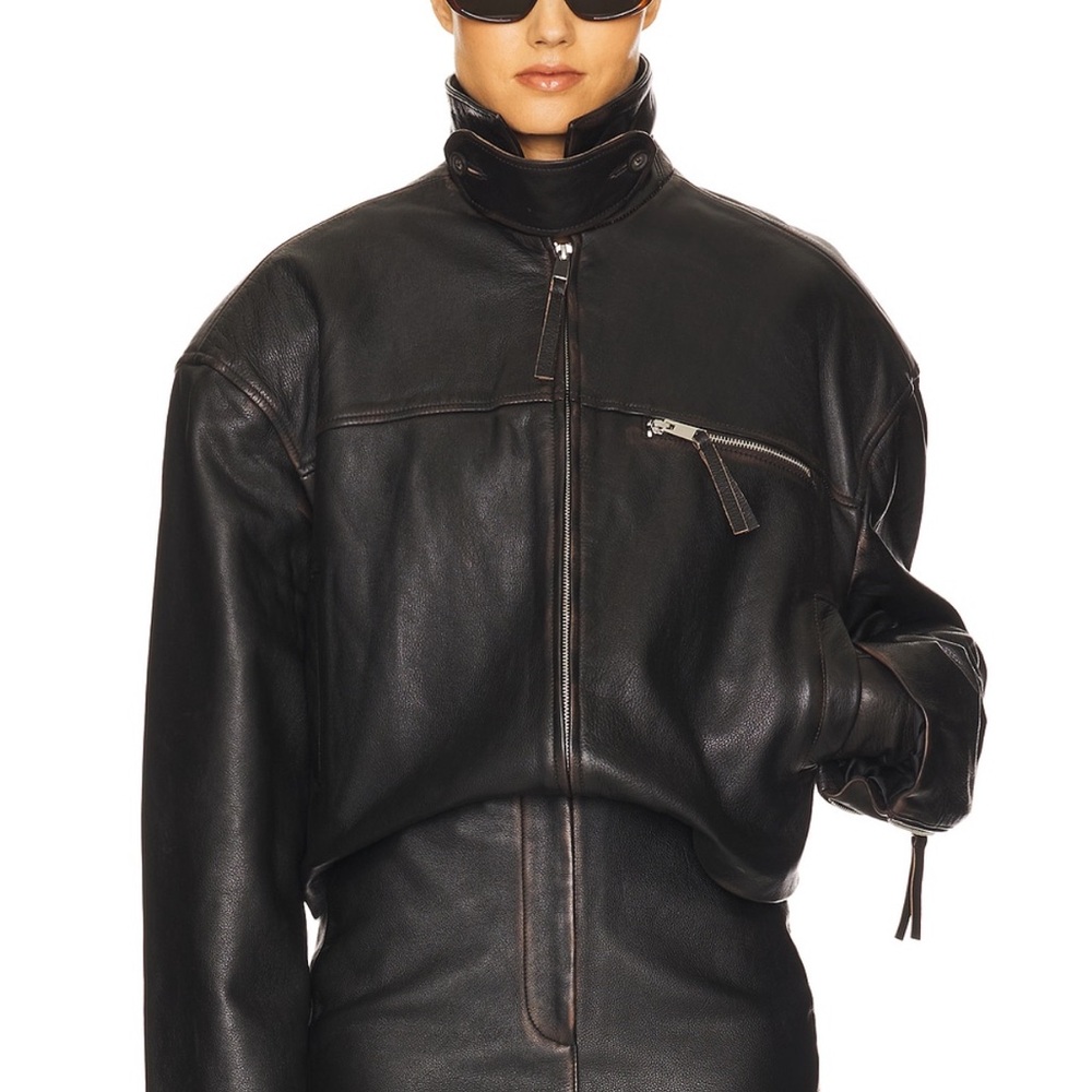The leather oversized motto jacket in Black distressed